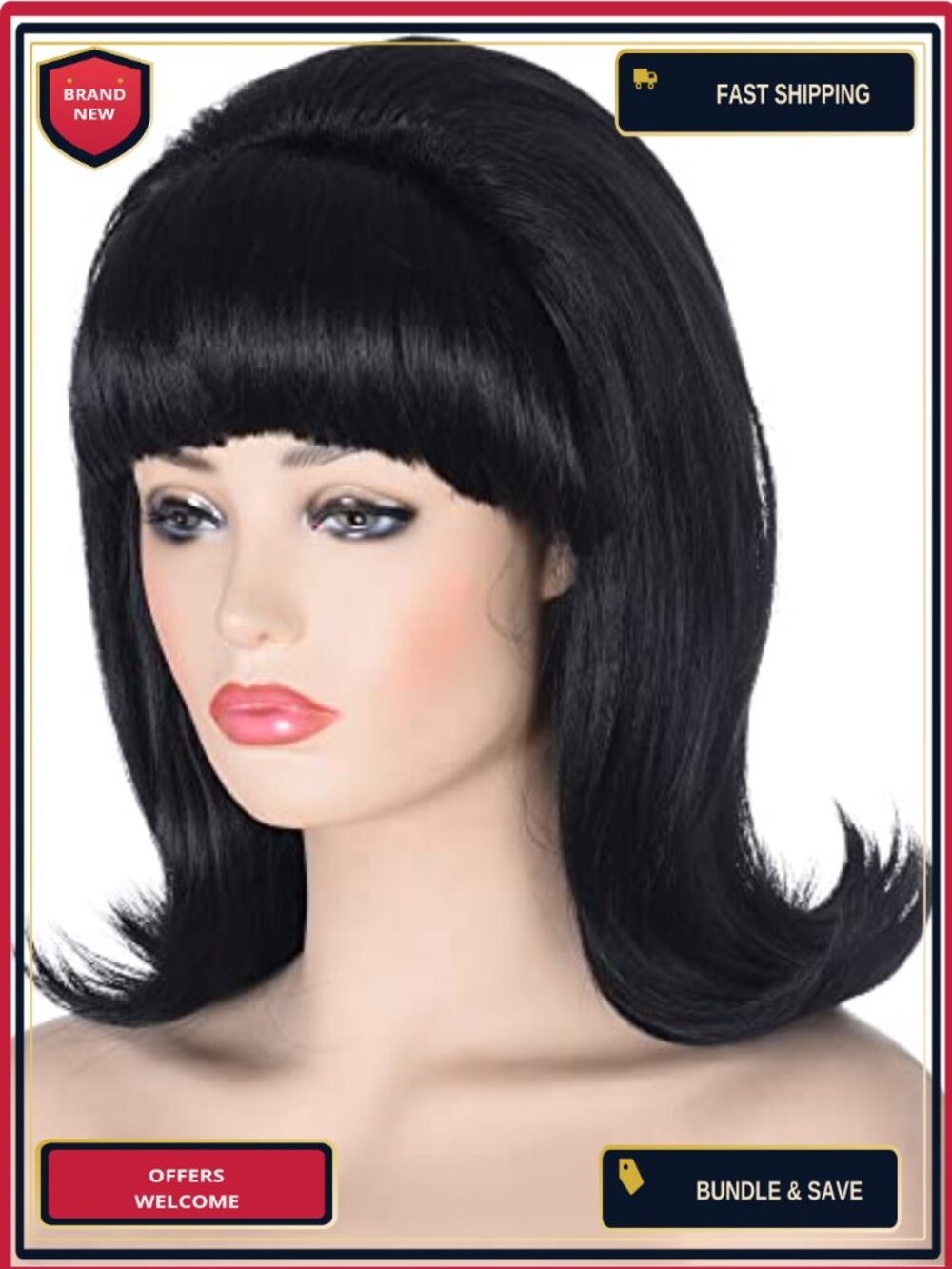 Morvally Black Beehive Wig with Retro Bangs for Women, 60s 70s Pinup Bouffant